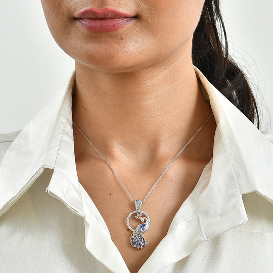 D'Joy Tansanit und Zirkon Anhänger mit 50cm Kette, 925 Silber rhodiniert und 750 Gelbgold Vermeil - 1,98 ct.