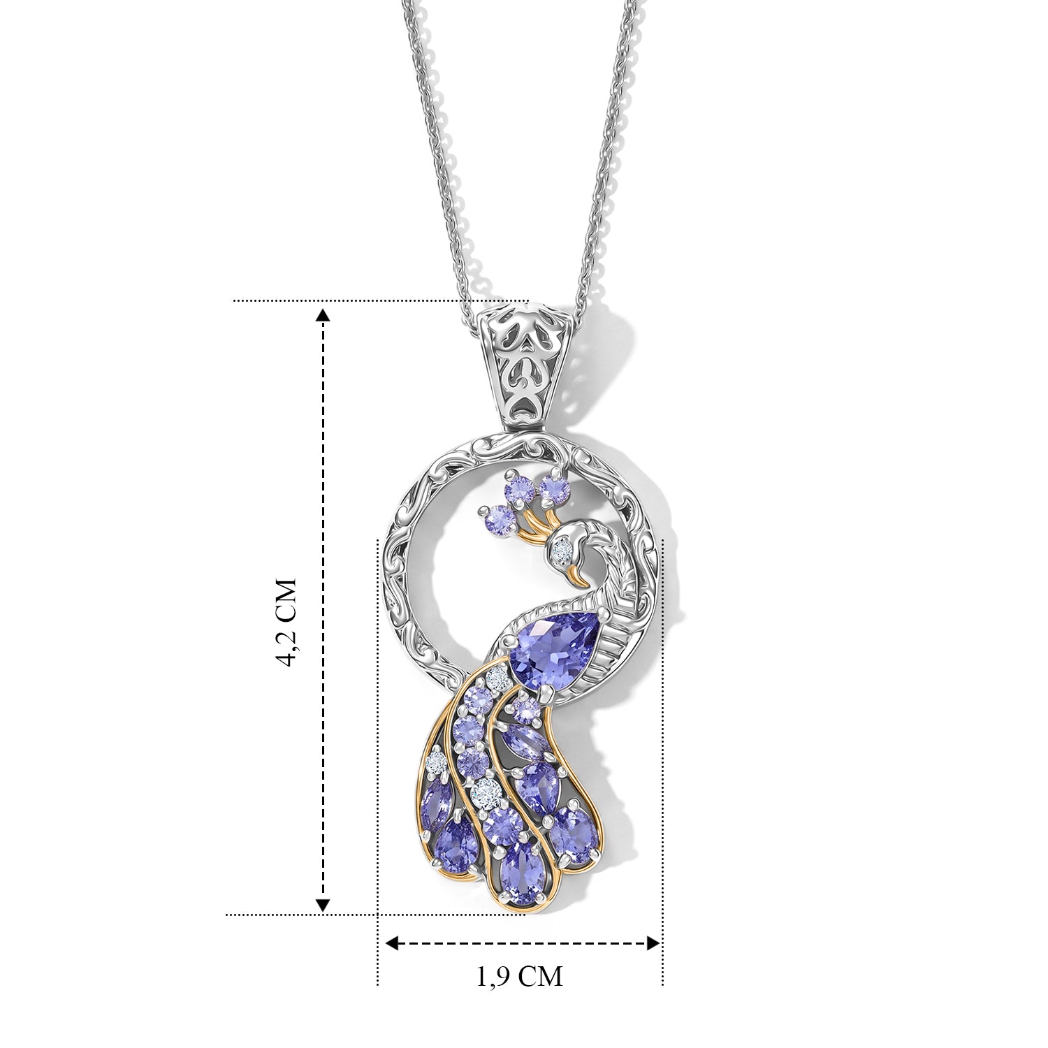 D'Joy Tansanit und Zirkon Anhänger mit 50cm Kette, 925 Silber rhodiniert und 750 Gelbgold Vermeil - 1,98 ct.