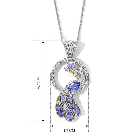 D'Joy Tansanit und Zirkon Anhänger mit 50cm Kette, 925 Silber rhodiniert und 750 Gelbgold Vermeil - 1,98 ct.