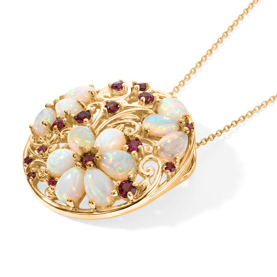 D'Joy AA Natürlicher, äthiopischer Welo Opal, Natürlicher Rhodolith Granat Schmuckset ca. 50 cm 925 Silber 750 Gelbgold vermeil ca. 4,17 ct.