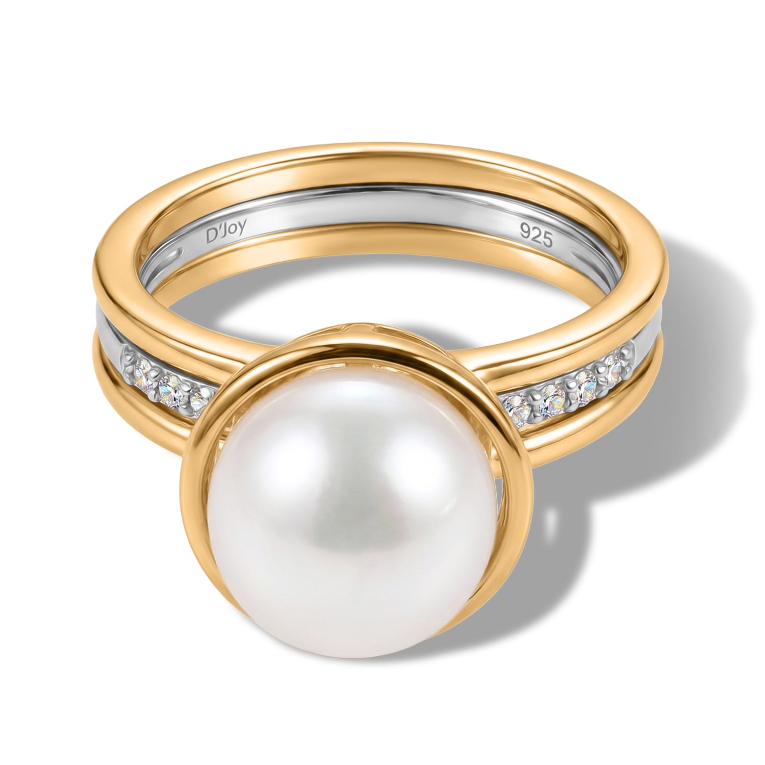 D'Joy Moissanit, Weiße Edison Perle (10-11mm) Schmuckset 925 Silber Rhodiniert, 925 Silber Vergoldet (Größe 21)