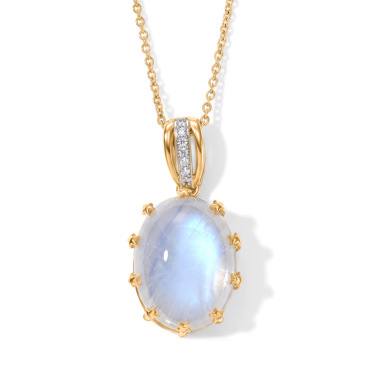 D'Joy Regenbogen Mondstein, Weißer Zirkon Schmuckset ca. 50 cm 925 Silber 750 Gelbgold vermeil ca. 9,86 ct.
