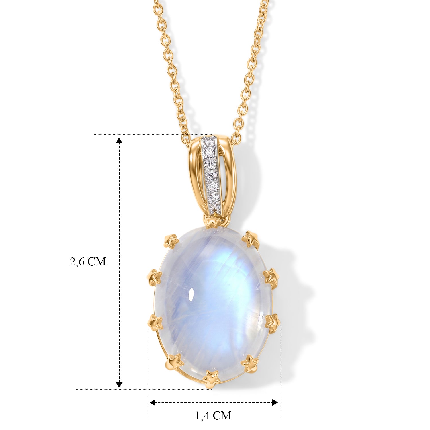 D'Joy Regenbogen Mondstein, Weißer Zirkon Schmuckset ca. 50 cm 925 Silber 750 Gelbgold vermeil ca. 9,86 ct.
