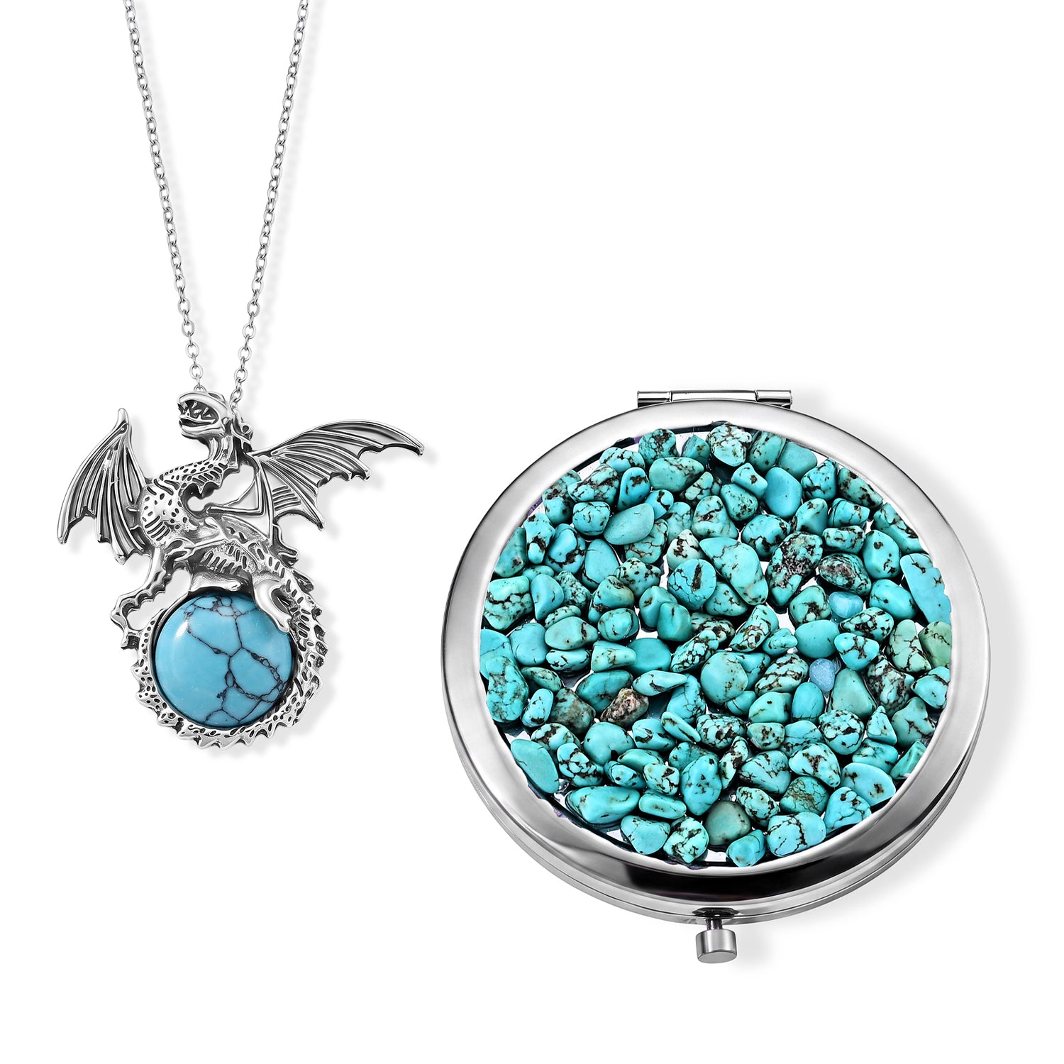 Howlith Anhänger mit 50+5cm Edelstahl Kette und Taschenspiegel, Legierung - 41 ct.