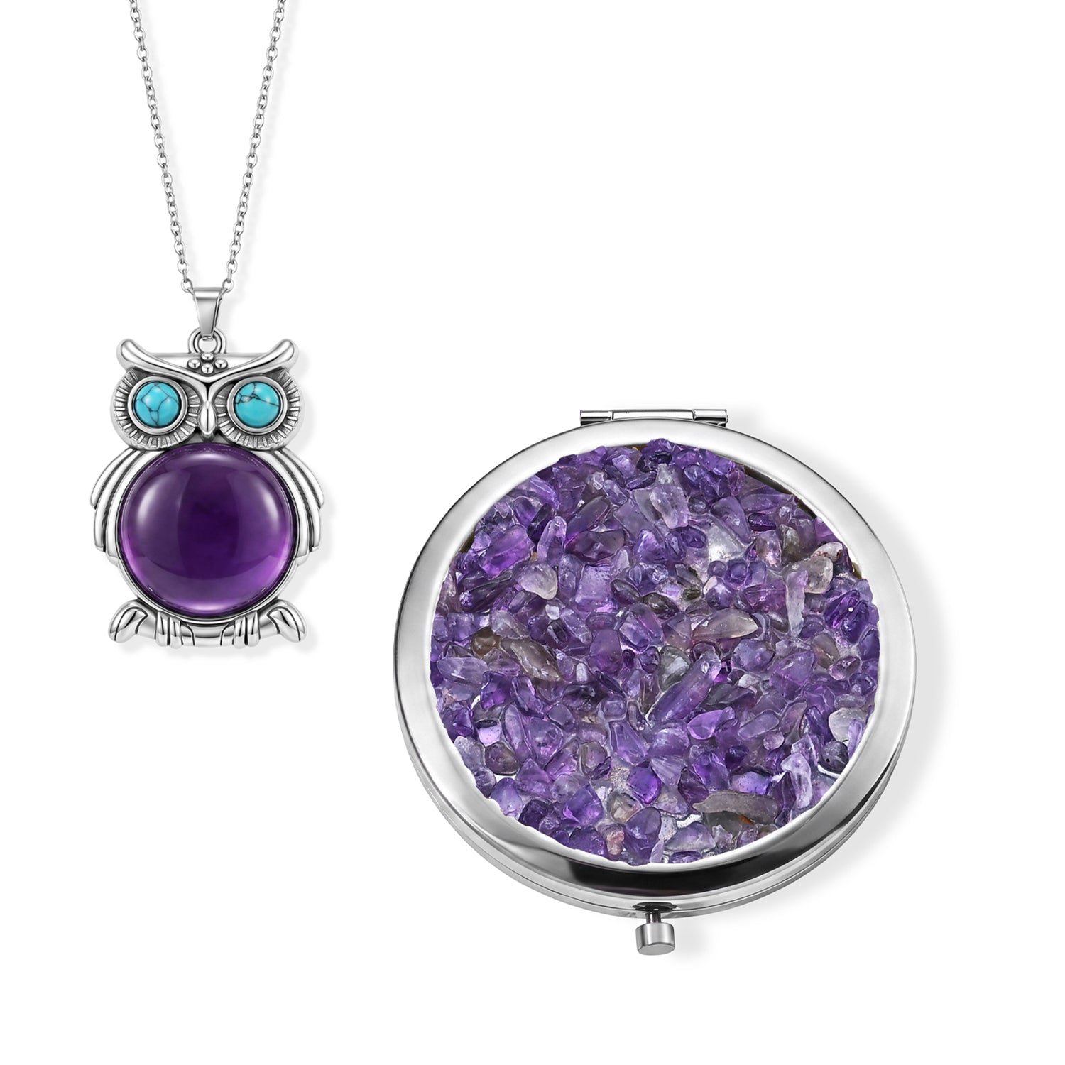 Afrikanischer Amethyst und Howlith Anhänger mit 50+5cm Edelstahl Kette und Taschenspiegel, Legierung - 50,51 ct.
