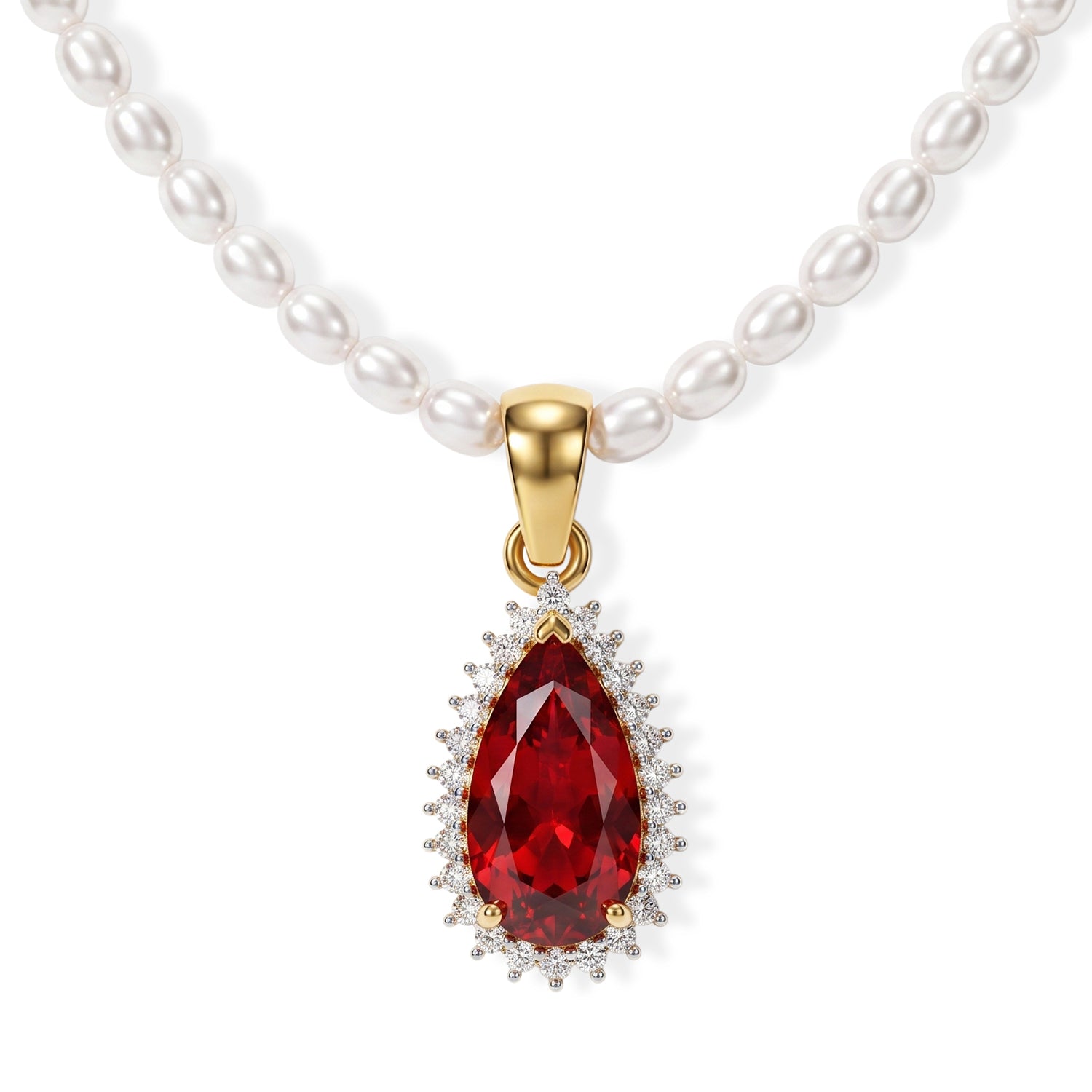 D'Joy Rubin Feuer Triplett Quarz, Zirkon und Perle Anhänger mit 50cm Kette, 925 Silber 750 Gelbgold Vermeil