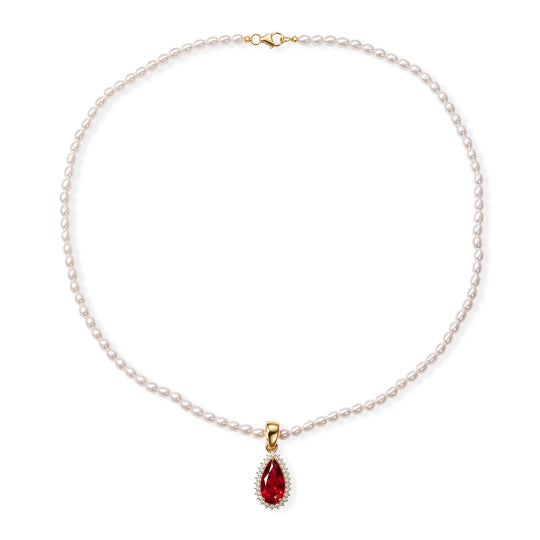 D'Joy Rubin Feuer Triplett Quarz, Zirkon und Perle Anhänger mit 50cm Kette, 925 Silber 750 Gelbgold Vermeil