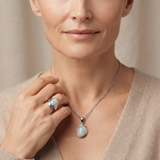 2er Set - EVER TRUE AA Natürlicher, äthiopischer Welo Opal Anhänger mit Kette und Ring, ca. 50 cm (Größe 20.00) rhodiniert ca. 4.99 ct