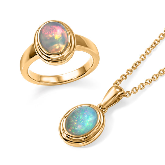 2er Set - EVER TRUE AA Natürlicher, äthiopischer Welo Opal Anhänger mit Kette und Ring, ca. 50 cm (Größe 20.00) vergoldet, ca. 2.50 ct