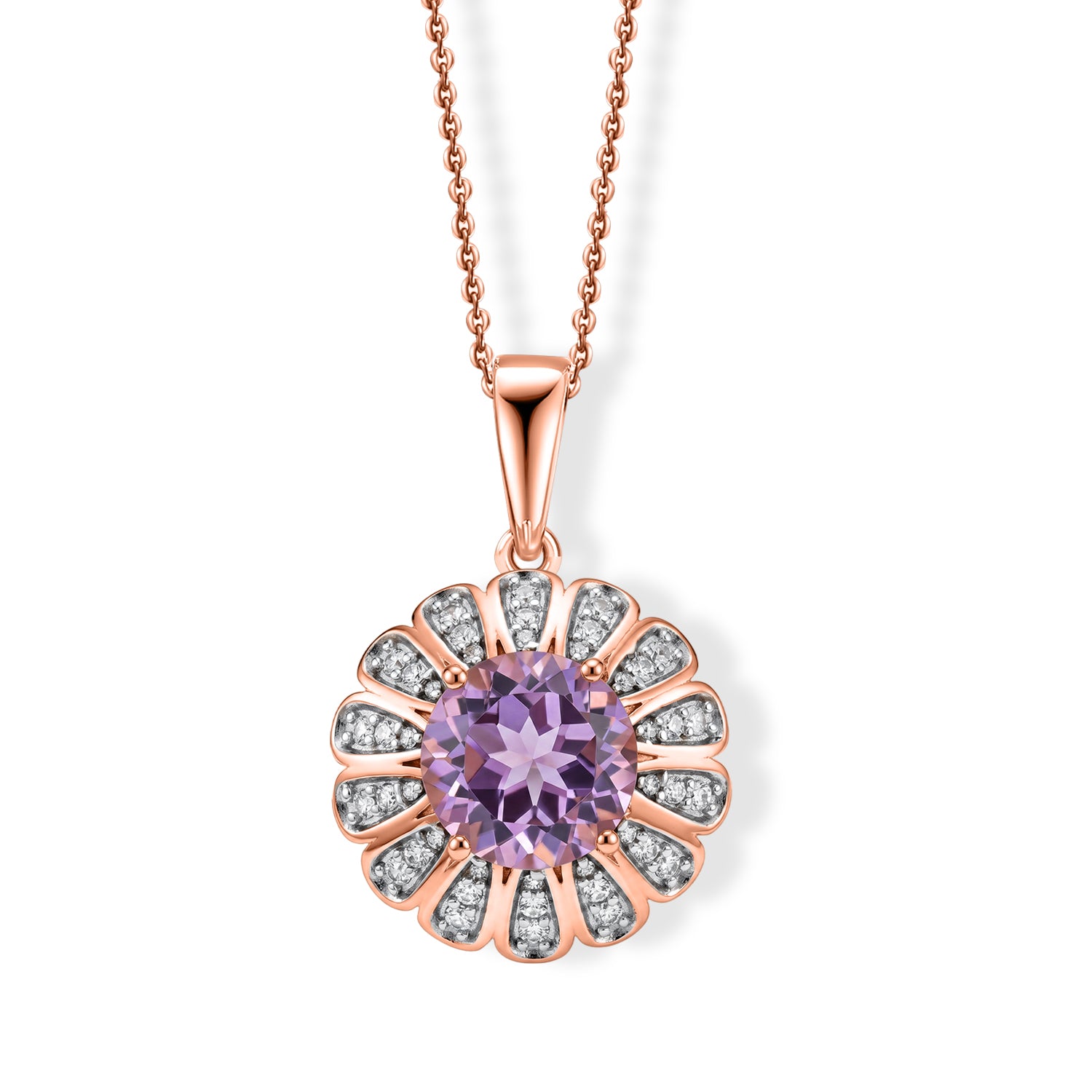 D'Joy Rose De France Amethyst und Zirkon floraler Halo Anhänger mit 50cm Kette, 925 Silber 750 Roségold Vermeil - 3,98 ct.