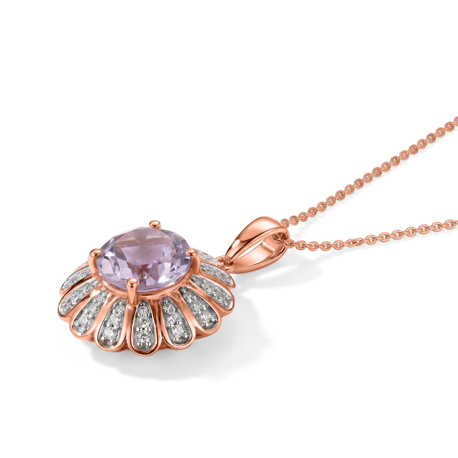 D'Joy Rose De France Amethyst und Zirkon floraler Halo Anhänger mit 50cm Kette, 925 Silber 750 Roségold Vermeil - 3,98 ct.