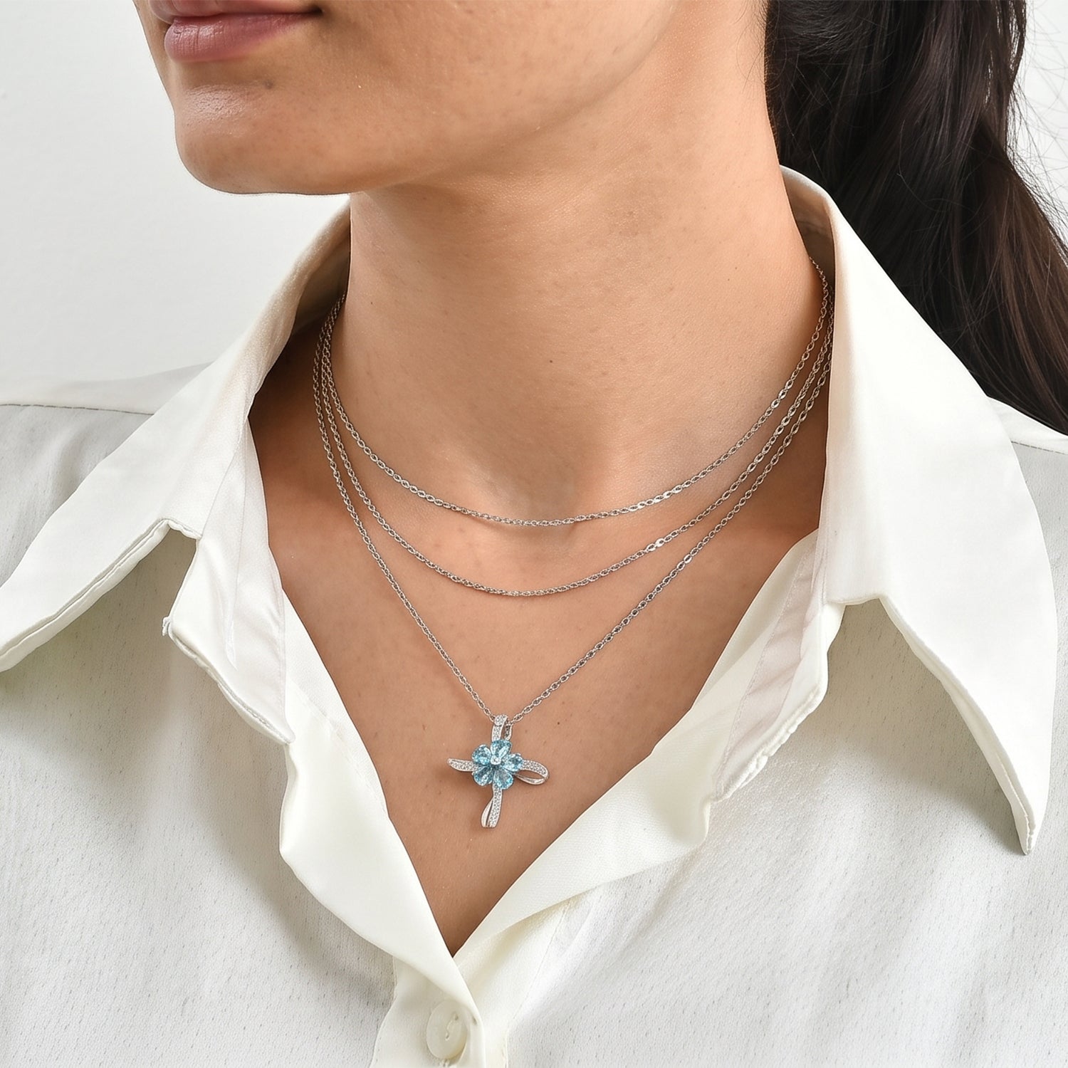 D'Joy AA Blauer Apatit, Weißer Zirkon Schmuckset ca. 50 cm 925 Silber Platiniert und Edelstahl Platiniert ca. 1,40 ct.