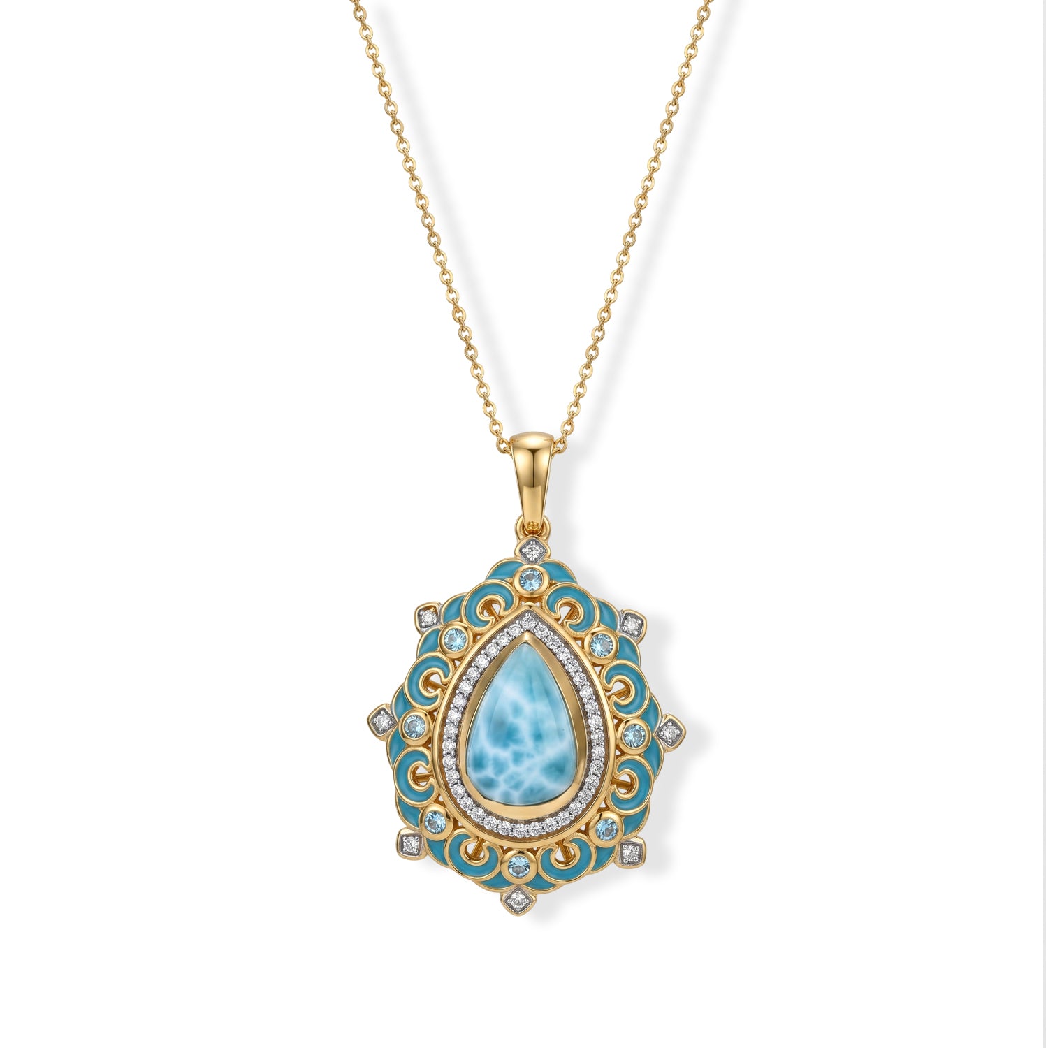 D'Joy AAA Larimar, Schweizer Blautopas Schmuckset ca. 50 cm 925 Silber 750 Gelbgold vermeil ca. 4,85 ct.