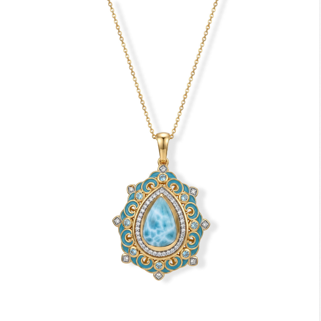D'Joy AAA Larimar, Schweizer Blautopas Schmuckset ca. 50 cm 925 Silber 750 Gelbgold vermeil ca. 4,85 ct.