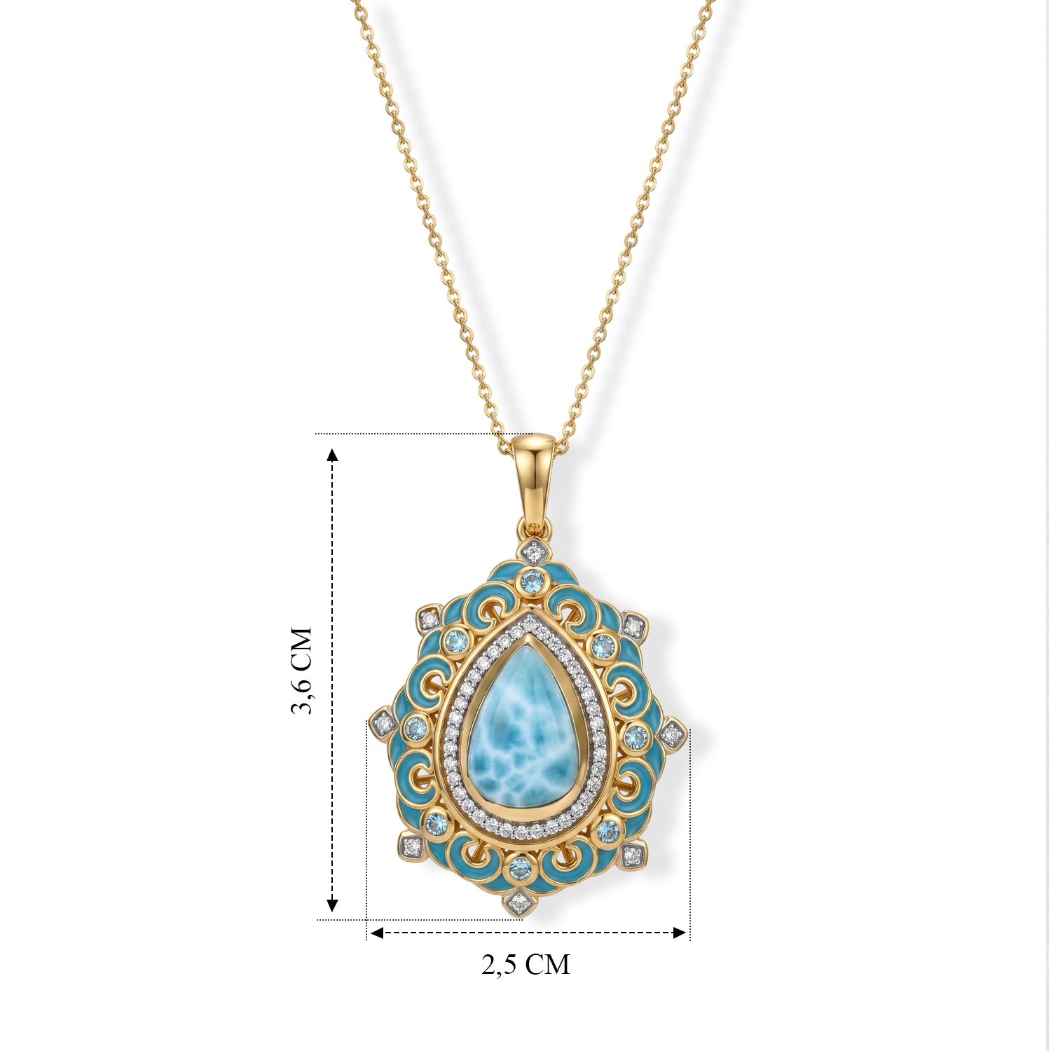 D'Joy AAA Larimar, Schweizer Blautopas Schmuckset ca. 50 cm 925 Silber 750 Gelbgold vermeil ca. 4,85 ct.