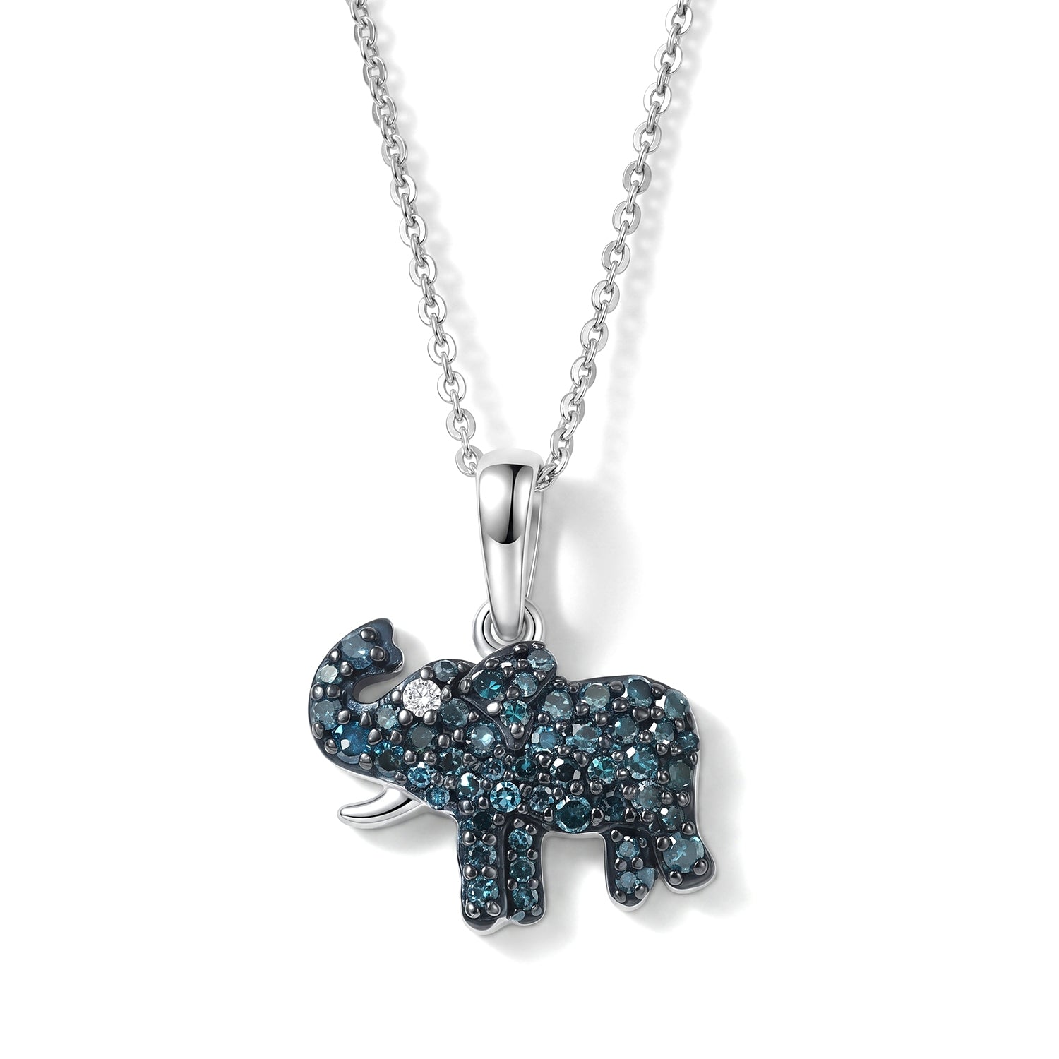 D'Joy blauer und weißer Diamant Elefant Anhänger mit 50cm Kette, 925 Silber rhodiniert - 0,36 ct.