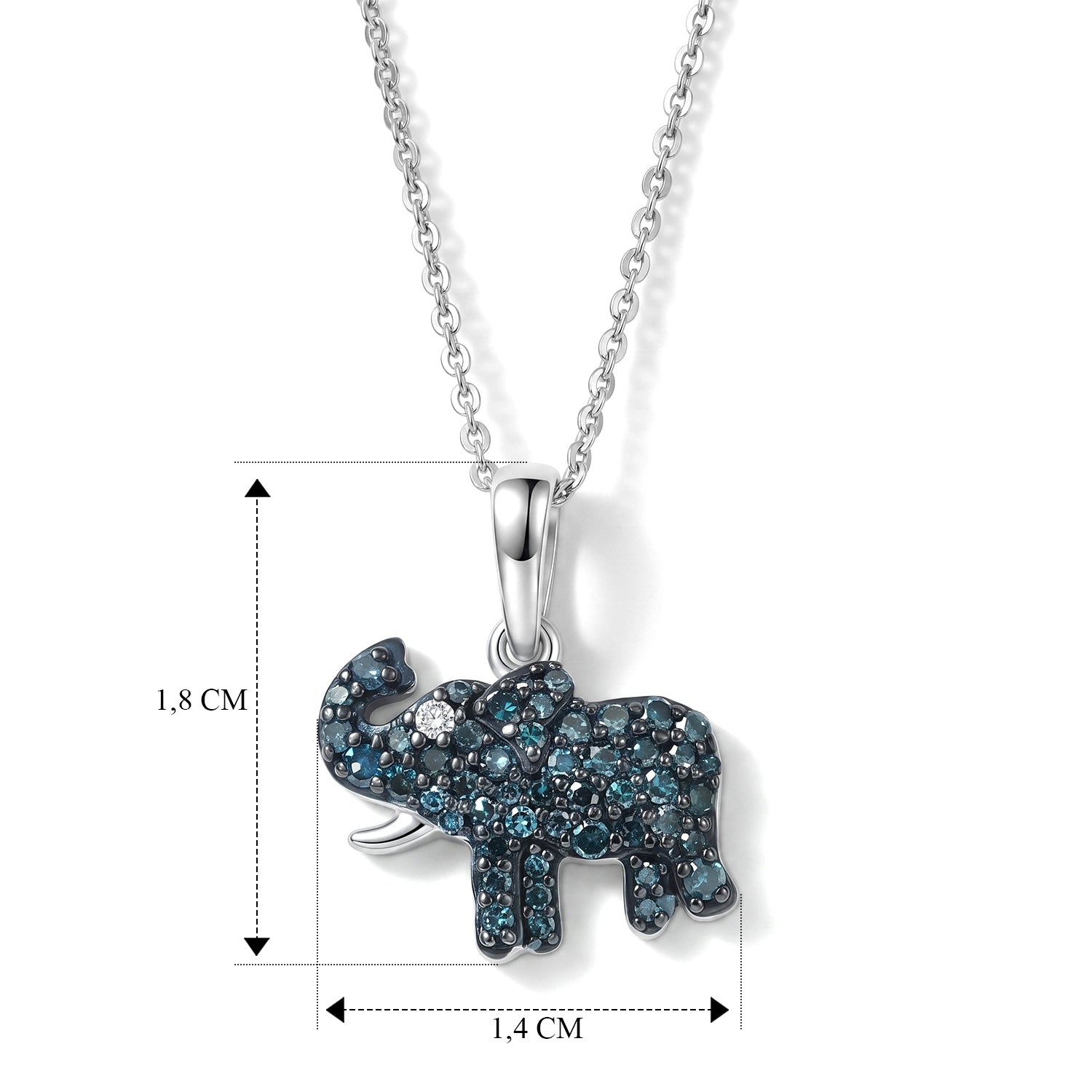 D'Joy blauer und weißer Diamant Elefant Anhänger mit 50cm Kette, 925 Silber rhodiniert - 0,36 ct.