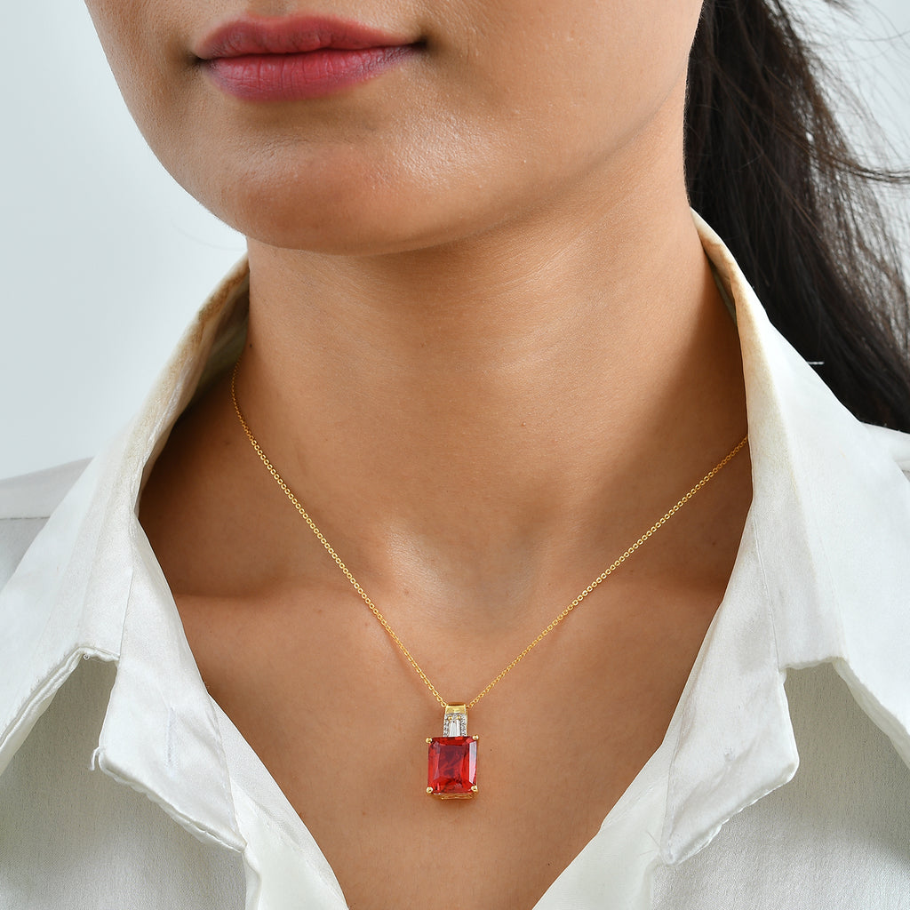 D'Joy Rubin-Feuer-Triplett-Quarz., Weißer Zirkon Schmuckset ca. 50 cm 925 Silber 750 Gelbgold vermeil ca. 6,87 ct.