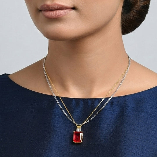 D'Joy Rubin Feuer Triplett Quarz und Zirkon Anhänger mit 50cm Kette, 925 Silber 750 Gelbgold Vermeil - 6,87 ct.