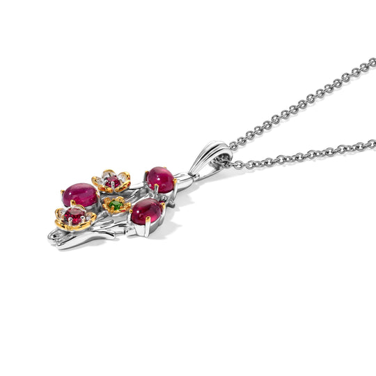 EverTrue AA afrikanischer Rubin, Rhodolith Granat und Chromdiopsid Anhänger mit 50cm Edelstahl Kette, Bronze mit Platin E-Beschichtung - 2,71 ct.