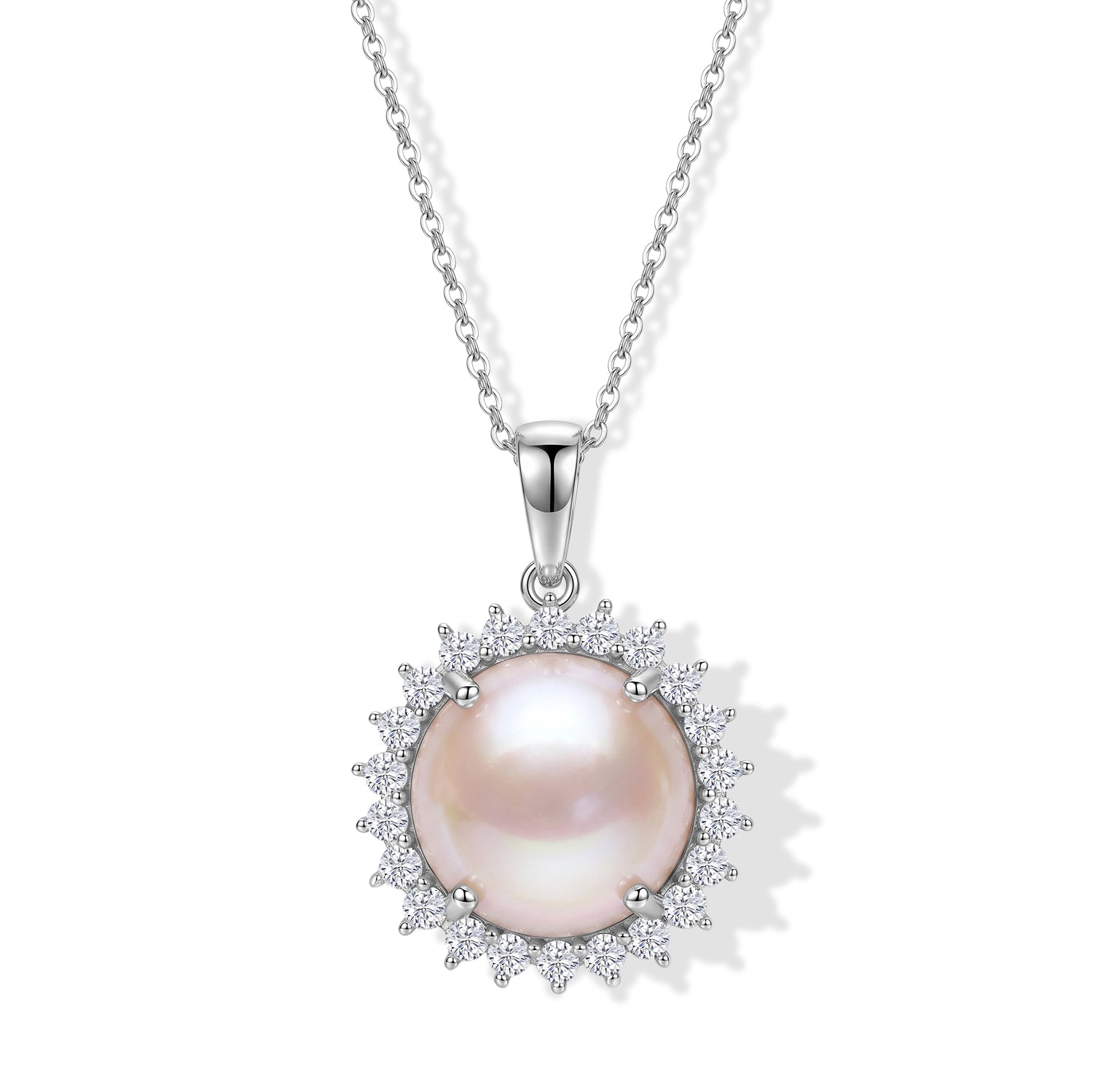 D'Joy AA Weiße Mabe Perle (16 mm), Moissanit Schmuckset ca. 50 cm 925 Silber Rhodiniert