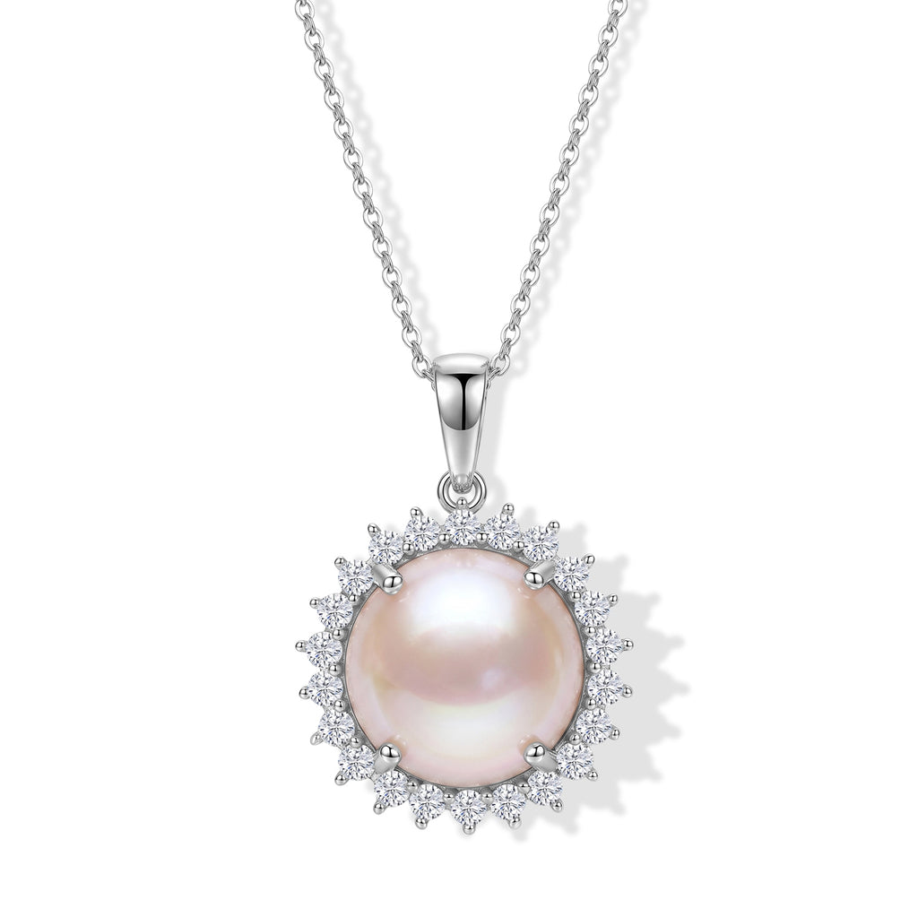 D'Joy AA Weiße Mabe Perle (16 mm), Moissanit Schmuckset ca. 50 cm 925 Silber Rhodiniert
