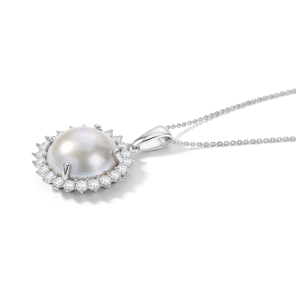 D'Joy AA Weiße Mabe Perle (16 mm), Moissanit Schmuckset ca. 50 cm 925 Silber Rhodiniert