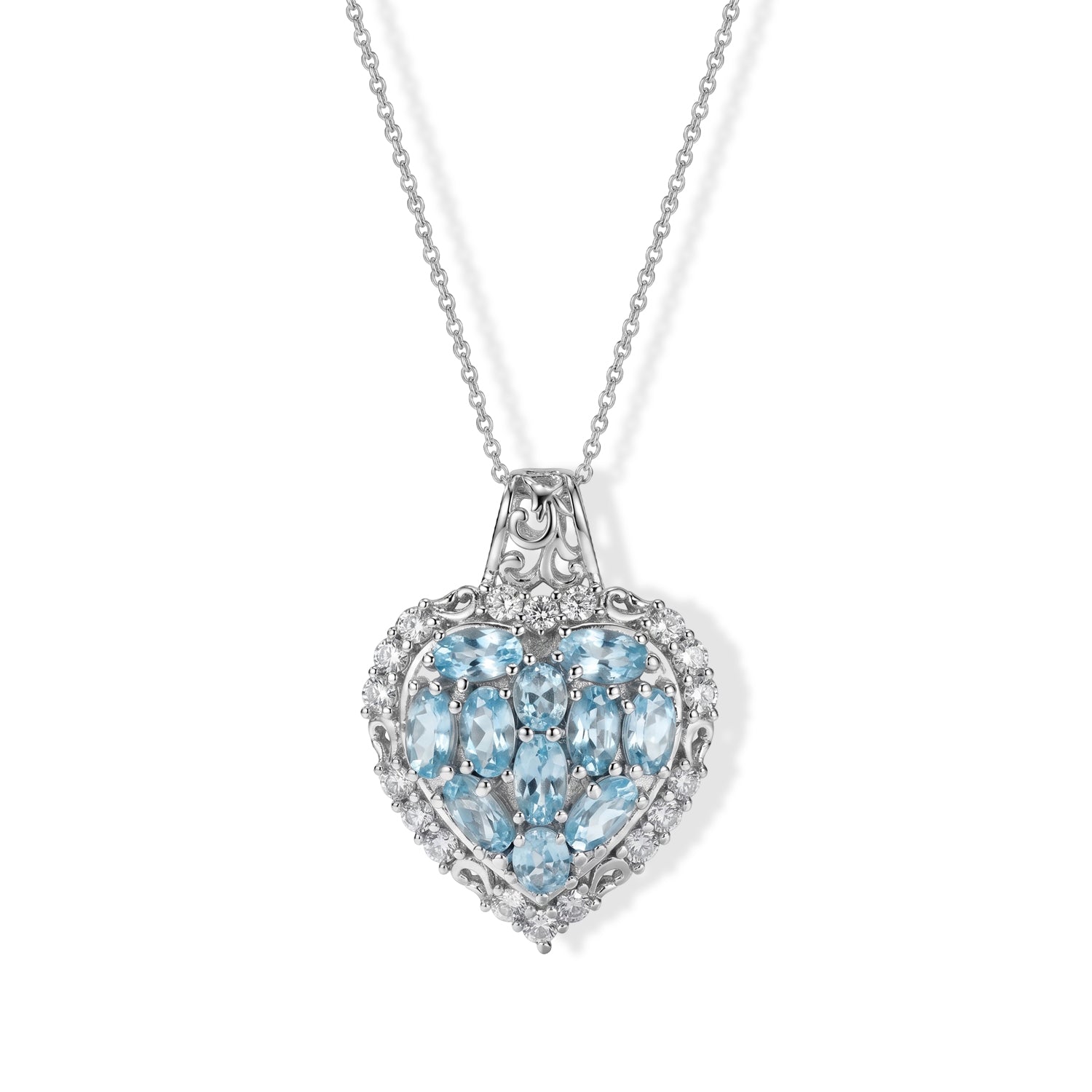D'Joy blauer und weißer Zirkon Halo Herz Anhänger mit 50cm Kette, 925 Silber rhodiniert - 4,77 ct.