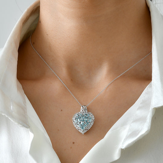 D'Joy blauer und weißer Zirkon Halo Herz Anhänger mit 50cm Kette, 925 Silber rhodiniert - 4,77 ct.