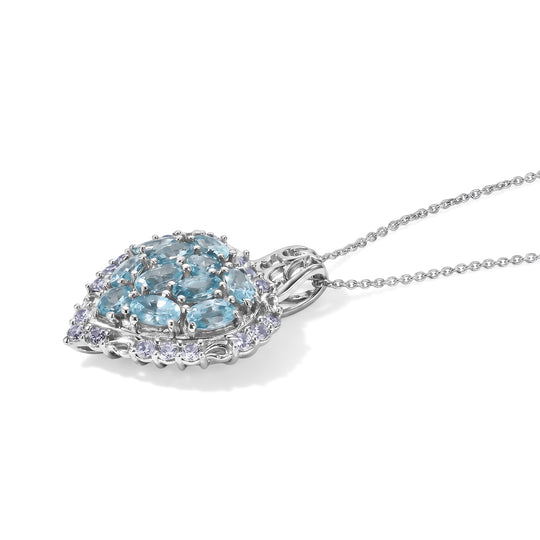 D'Joy blauer und weißer Zirkon Halo Herz Anhänger mit 50cm Kette, 925 Silber rhodiniert - 4,77 ct.