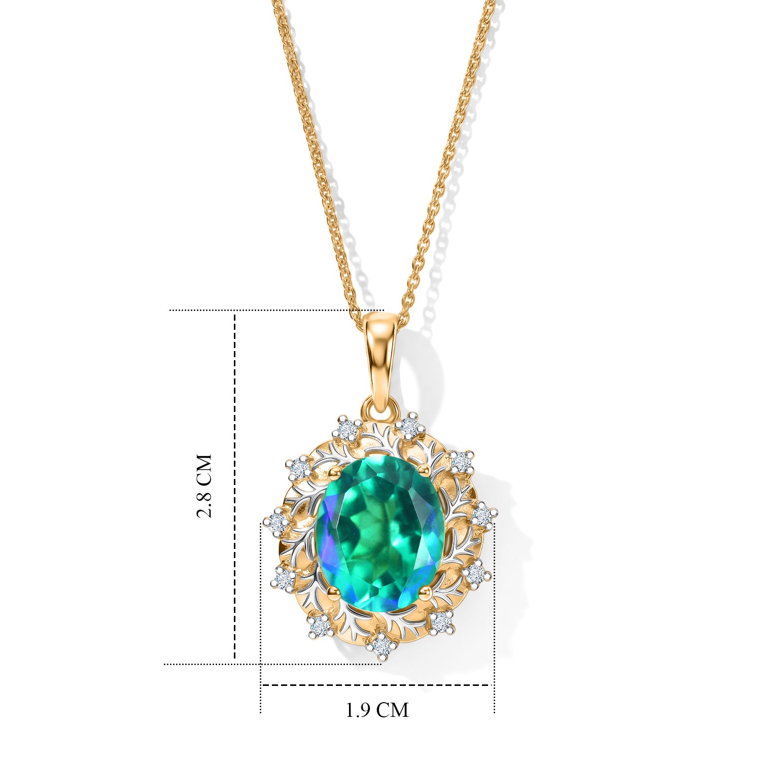 D'Joy Pfau Quarz Triplette, Weißer Zirkon Anhänger mit Kette, ca. 50 cm 925 Silber 750 Gelbgold vermeil, 925 Silber Rhodiniert und 750 Gelbgold Vermeil ca. 5.43 ct