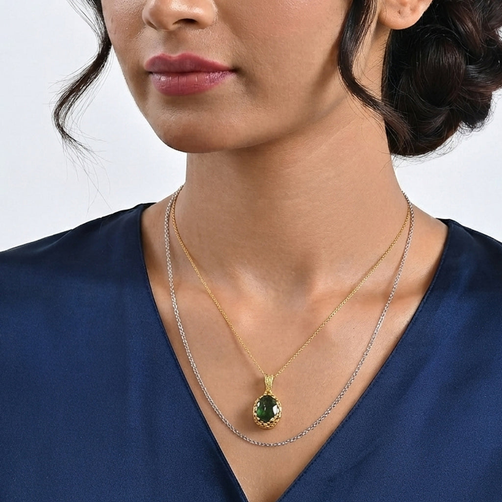 D'Joy Natürlicher grüner Apatit Schmuckset ca. 50 cm 925 Silber 750 Gelbgold vermeil ca. 2,83 ct.