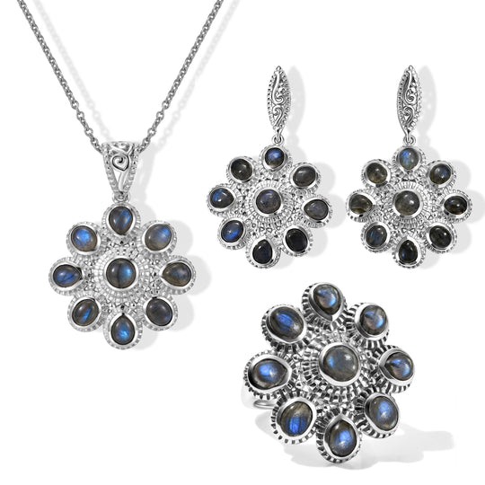 EverTrue AA Labradorit Schmuckset, 50cm Edelstahl Kette und Bronze mit Platin E-Beschichtung - 15,20 ct.