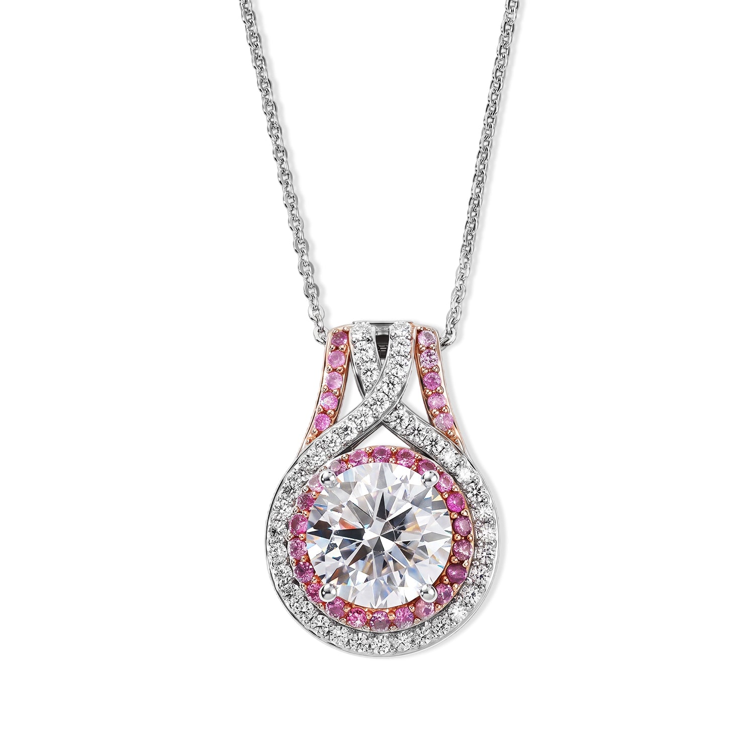 D'Joy Moissanit und rosa Saphir Anhänger mit 50cm Kette, 925 Silber rhodiniert und 750 Roségold Vermeil - 3,23 ct.