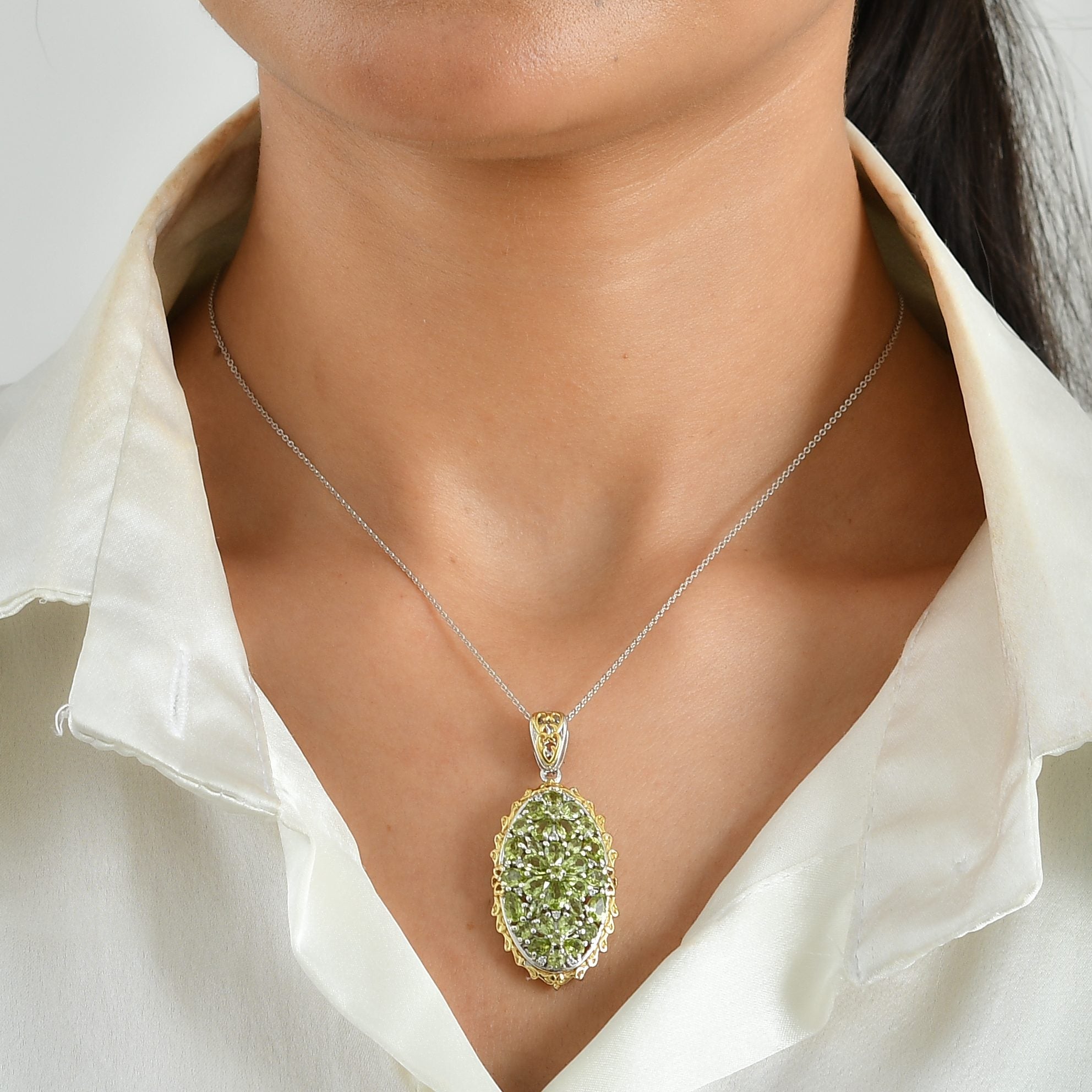 D'Joy Peridot Arizona Schmuckset ca. 50 cm 925 Silber 750 Gelbgold vermeil, 925 Silber Rhodiniert und 750 Gelbgold Vermeil ca. 5,58 ct.