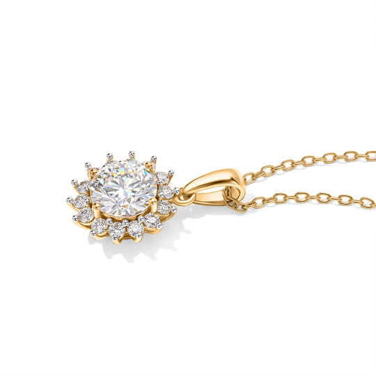 D'Joy GRA zertifizierter Moissanit Anhänger mit 50cm Kette, 925 Silber 750 Gelbgold Vermeil - 2,18 ct.