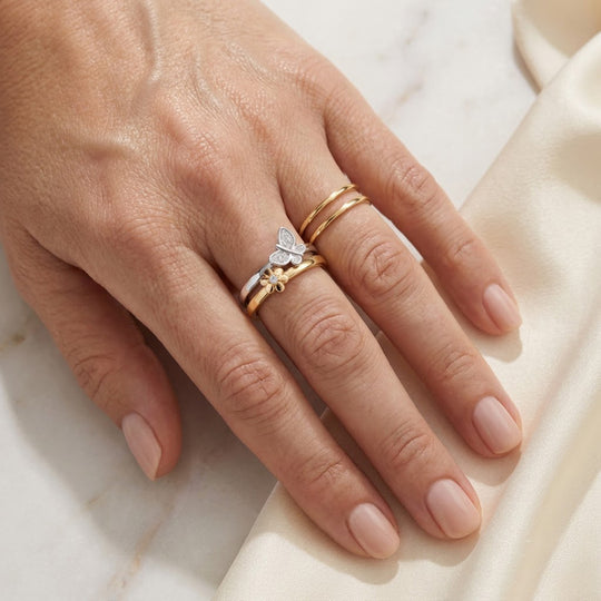 LUXURIANT 2er-Set SI-GH Labor Diamant Stacking Ringe, 925 Silber 750 Gelbgold Vermeil und rhodiniert