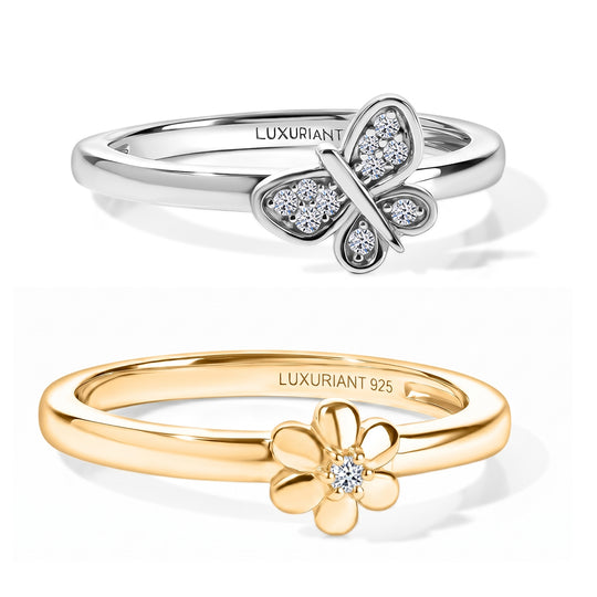 LUXURIANT 2er-Set SI-GH Labor Diamant Stacking Ringe, 925 Silber 750 Gelbgold Vermeil und rhodiniert