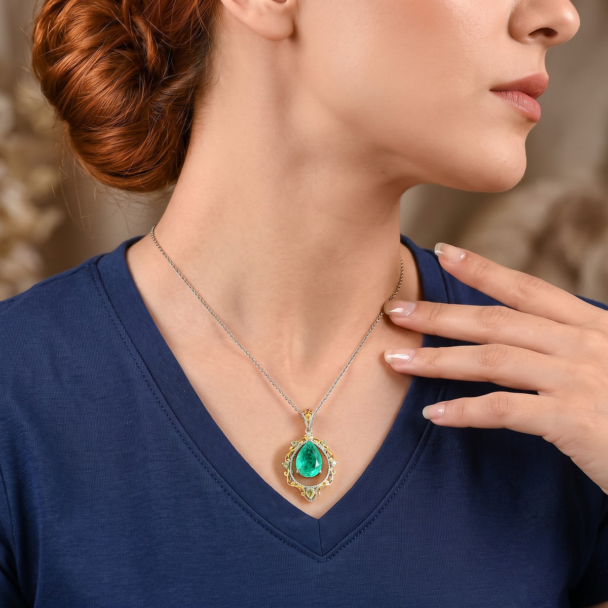 EVER TRUE Smaragd-Quarz Triplette, Peridot Schmuckset ca. 50 cm Reine Bronze Platiniert und vergoldet und Edelstahl Platiniert ca. 6,86 ct.