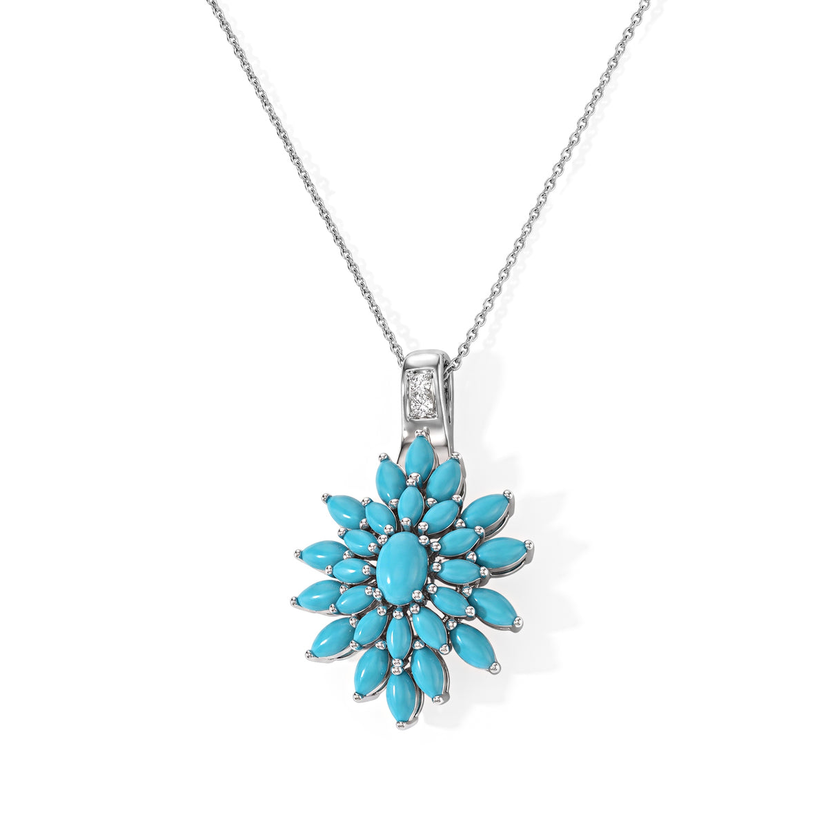 D'Joy Azurblauer Wildblumen-Anhänger mit Kette, Sleeping Beauty Türkis, ca. 50 cm, 925 Silber rhodiniert, ca. 3.80 ct