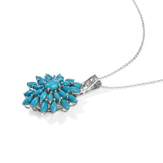 D'Joy Azurblauer Wildblumen-Anhänger mit Kette, Sleeping Beauty Türkis, ca. 50 cm, 925 Silber rhodiniert, ca. 3.80 ct