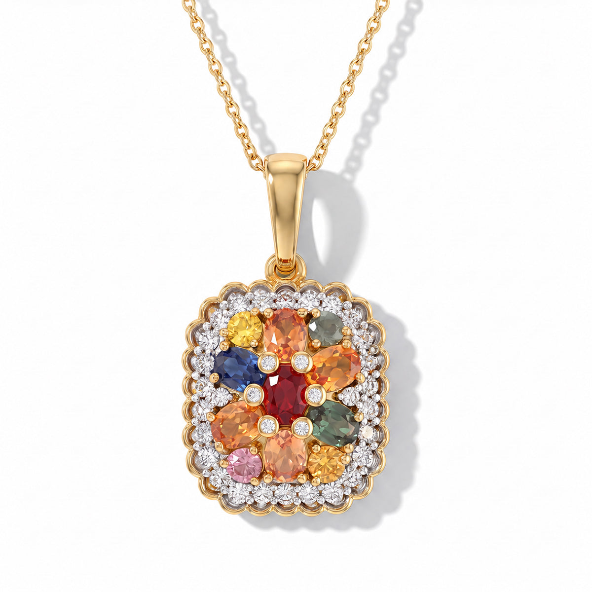 D'Joy mehrfarbiger Saphir und Zirkon Anhänger im Häkelmuster-Stil mit 50cm Kette, 925 Silber 750 Gelbgold Vermeil - 2,70 ct.