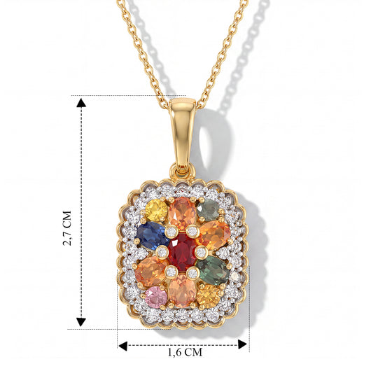 D'Joy mehrfarbiger Saphir und Zirkon Anhänger im Häkelmuster-Stil mit 50cm Kette, 925 Silber 750 Gelbgold Vermeil - 2,70 ct.