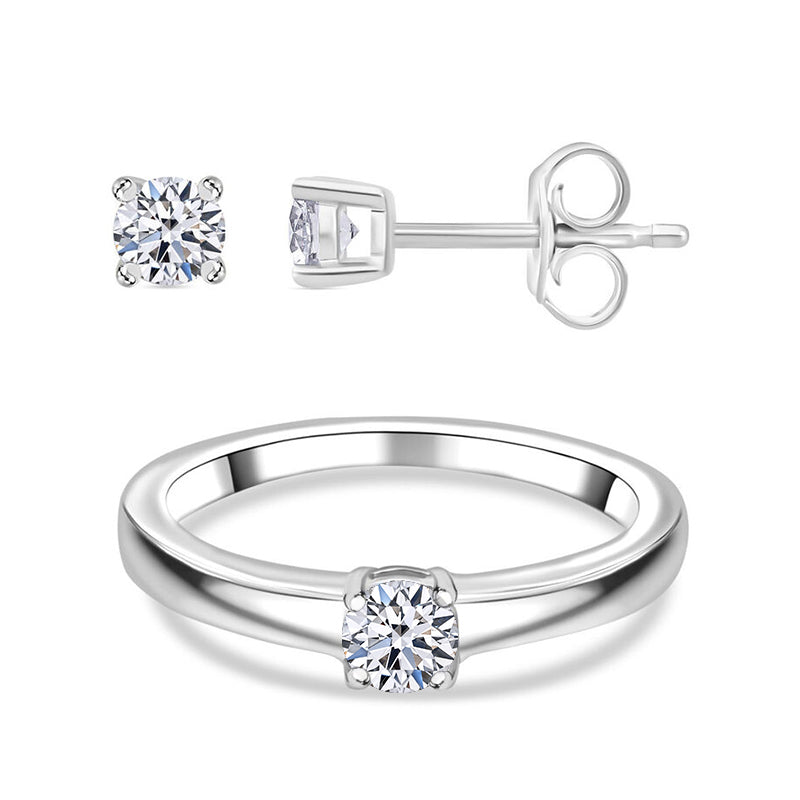 Luxuriant Diamond Duo: Labor Diamant Ring & Ohrringe in rhodiniertem Silber