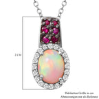 Natürlicher, äthiopischer Welo Opal und afrikanischer Rubin-Anhänger mit Kette, 925 Silber platiniert ca. 1.75 ct