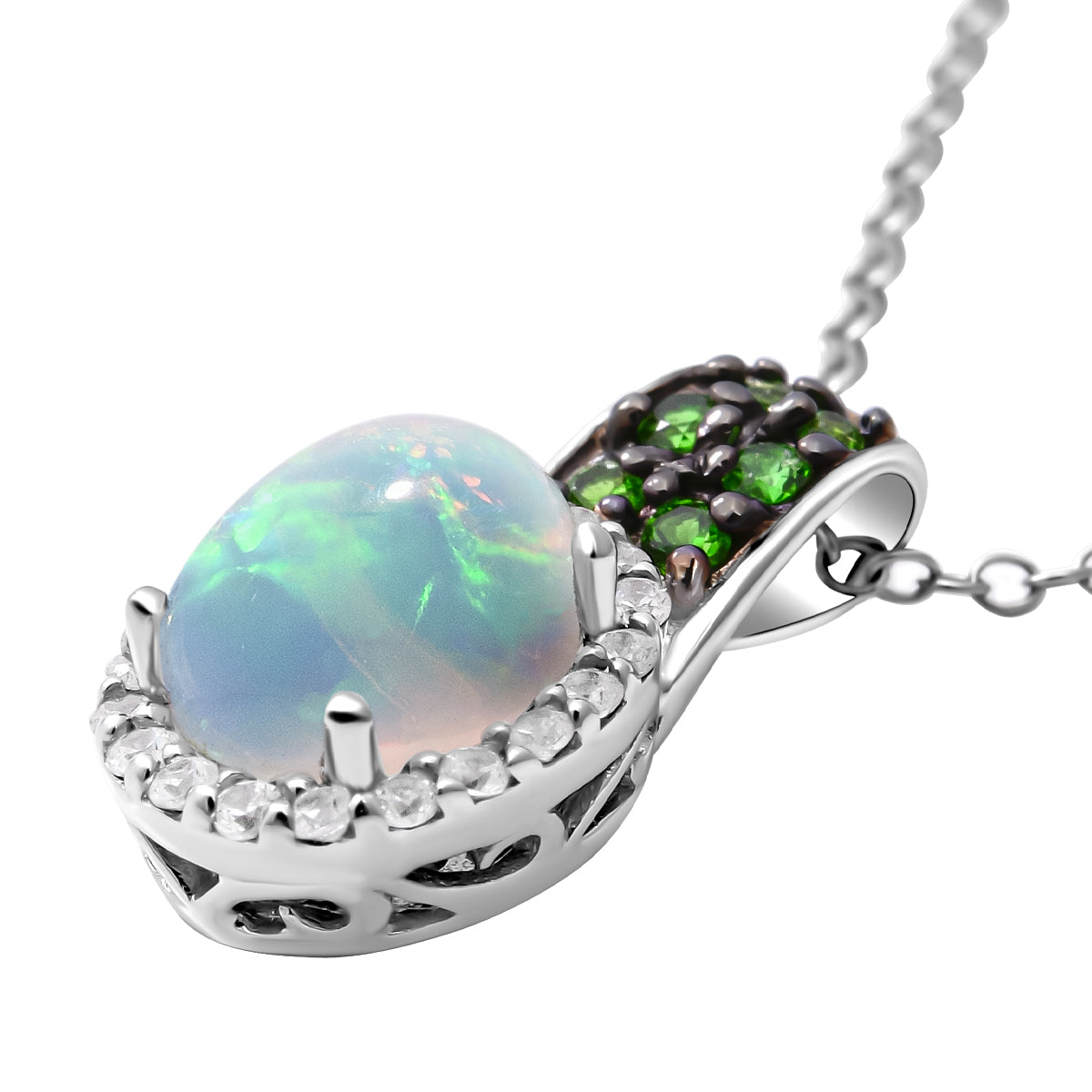 Natürlicher, äthiopischer Welo Opal und natürlicher Chromdiopsid-Anhänger mit Kette, 925 Silber platiniert ca. 1,69 ct