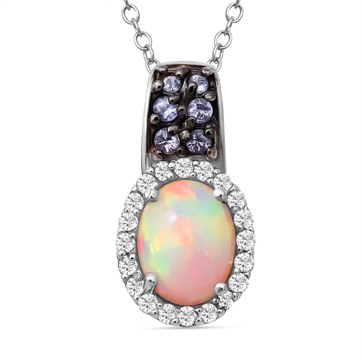Natürlicher, äthiopischer Welo Opal und Tansanit-Anhänger mit Kette, 925 Silber platiniert ca. 1,62 ct