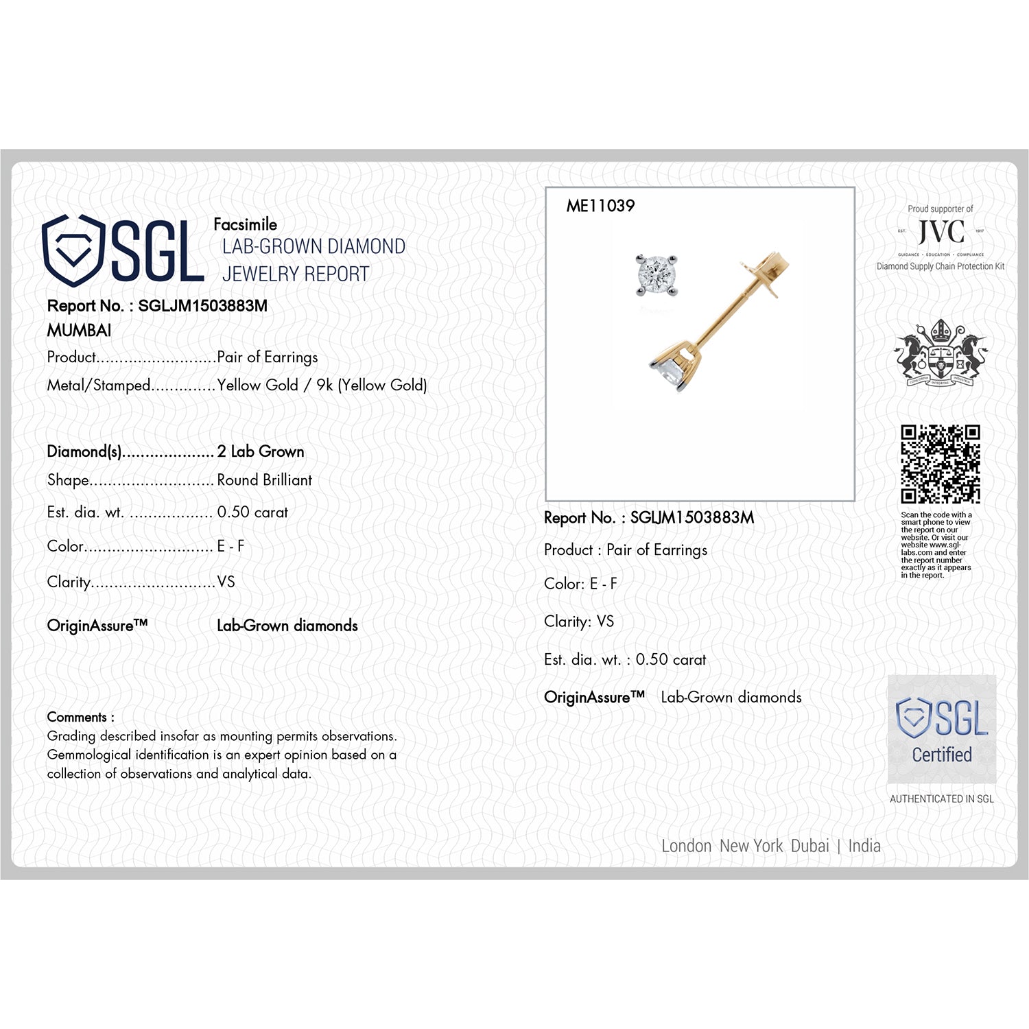 LUXURIANT DIAMOND- SGL zertifizierter VS-EF Labor Diamant Anhänger und Ohrringe in 375 Gelbgold