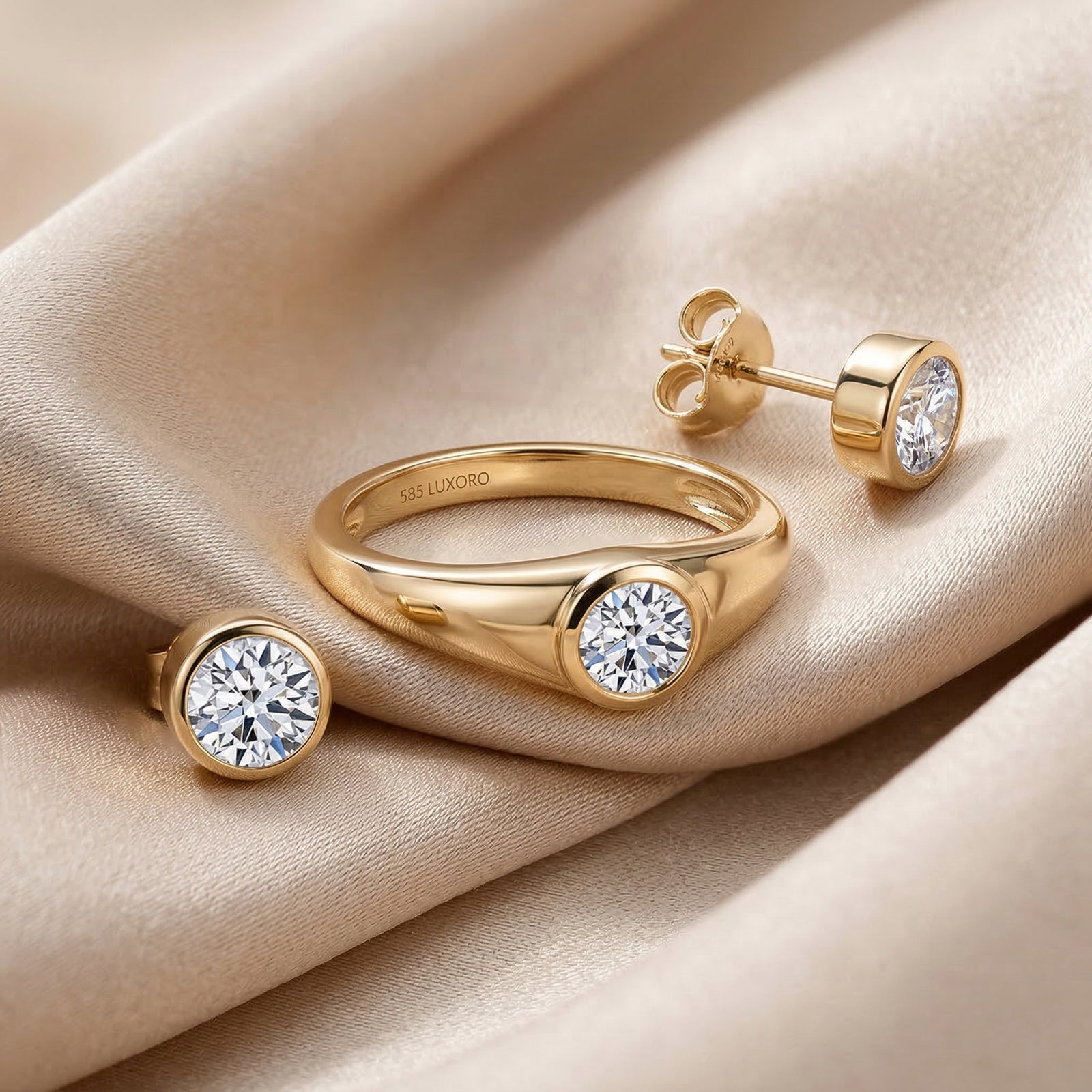 Premium-Schmuckset: IGI zertifizierte VS-GH Labor-Diamant-Ohrstecker & Ring 585 Gelbgold