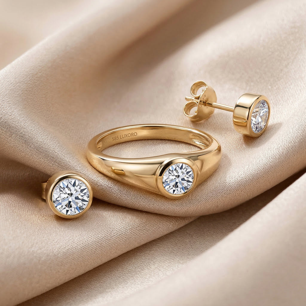 Premium-Schmuckset: IGI zertifizierte VS-GH Labor-Diamant-Ohrstecker & Ring 585 Gelbgold